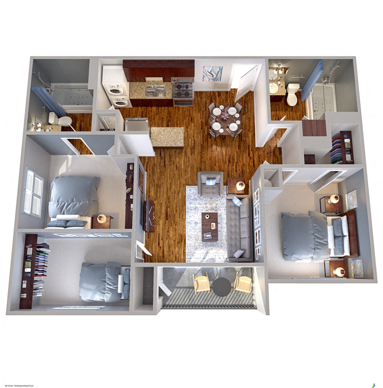 Floor plan for 3 beds, 2 baths, 1016 sqft